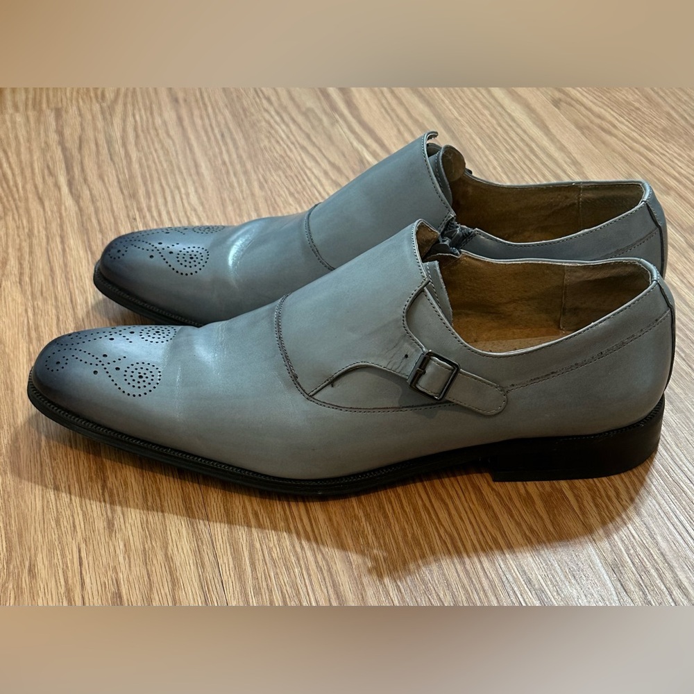 Giovanni Keegan Men’s 12 Grey Calfskin Medallion Toe Monk Strap Dress Shoes